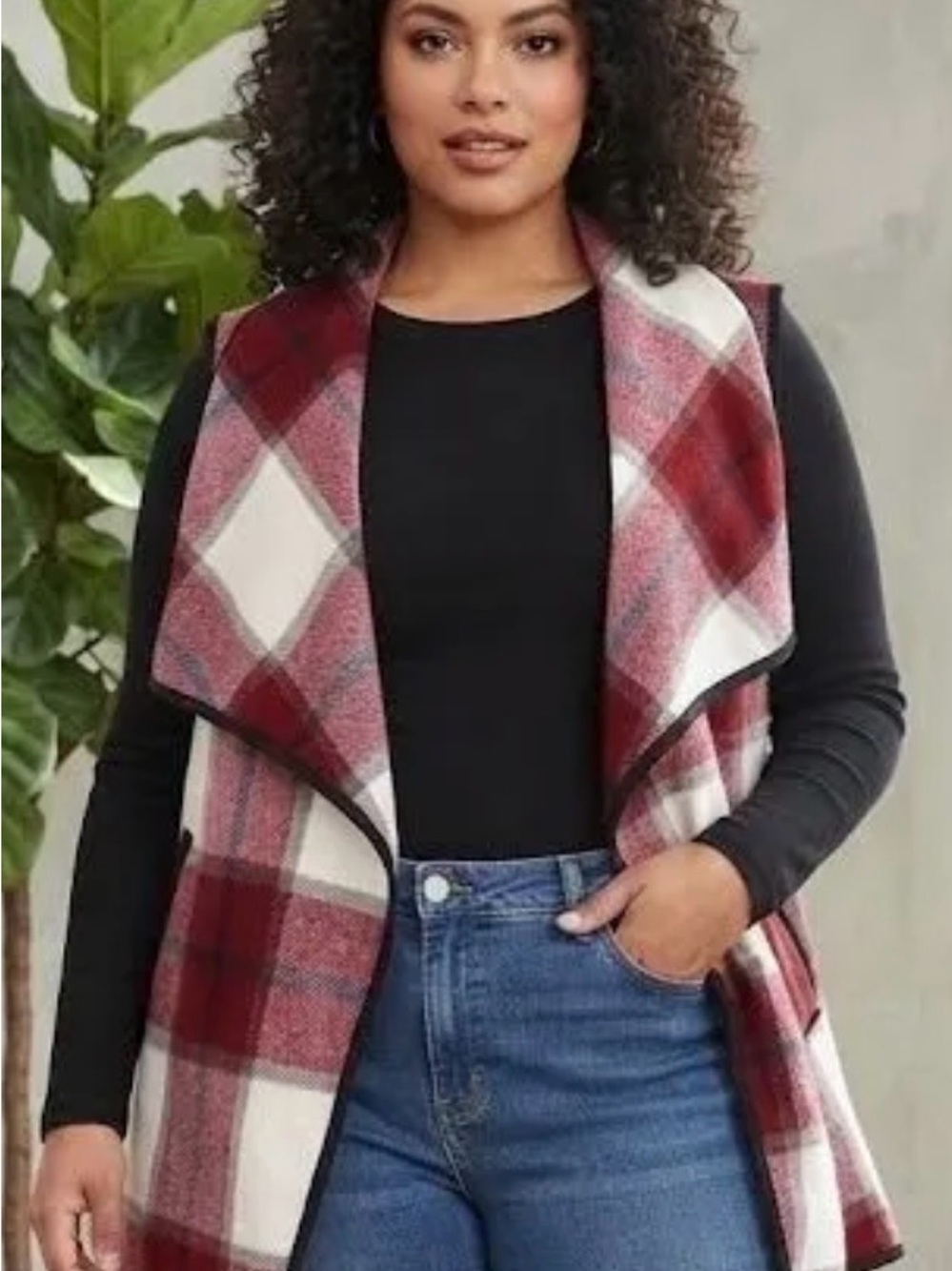 Open-Front Plaid Draped Vest in Burgundy and Cream